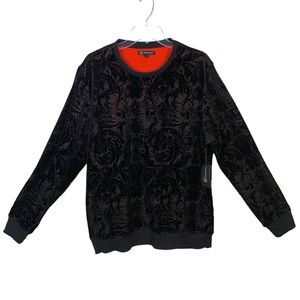 INC Mens Black Velvet Print Crewneck Classic Fit Pullover Sweater Sz Large